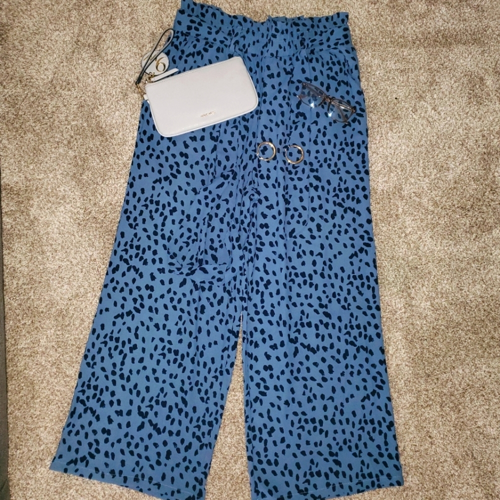 Blue Leopard Print Wide Leg Pants